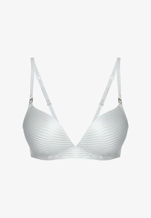 Weißer gepolsterter BH mit dünnen verstellbaren Trägern und dezentem horizontalem Streifenmuster auf den Cups, entworfen für den täglichen Gebrauch.