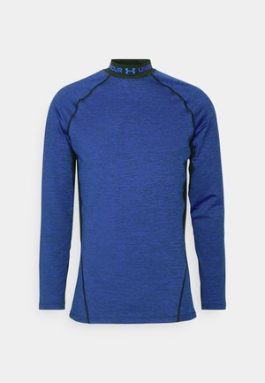 Blue long-sleeve athletic shirt with textured fabric, black side panels, and a high collar featuring black and blue branding.