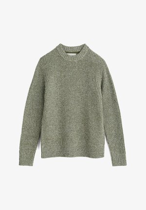 Maglione verde a coste con colletto alto e maniche lunghe. Tessuto texturizzato con un aspetto spesso e accogliente e una vestibilità rilassata.