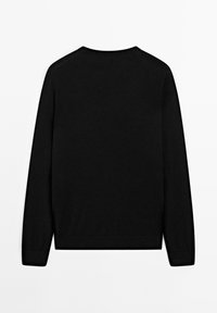 Black, long-sleeve sweater with a round neckline, made of a soft fabric, featuring a ribbed hem and cuffs, and a smooth texture.
