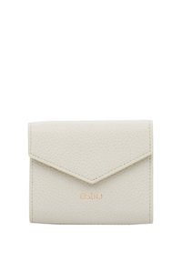 White leather wallet with a textured finish, featuring a triangular flap closure and embossed gold logo. Compact and rectangular design.
