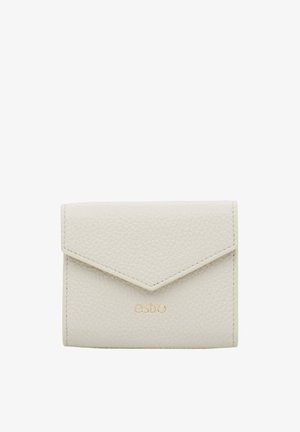 White leather wallet with a textured finish, featuring a triangular flap closure and embossed gold logo. Compact and rectangular design.