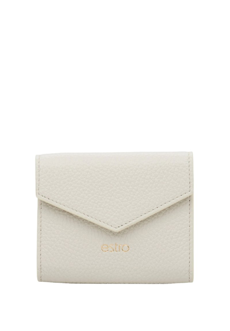 White leather wallet with a textured finish, featuring a triangular flap closure and embossed gold logo. Compact and rectangular design.