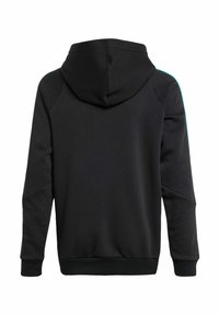 Felpa nera con tasca a marsupio frontale, cappuccio e polsini a coste. Presenta maniche raglan e sottili accenti di cucitura a contrasto.