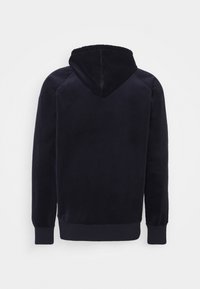 Navyblaues Kapuzensweatshirt mit weicher Textur, gerippten Bündchen und Saum, V-Ausschnitt und einer Kängurutasche.