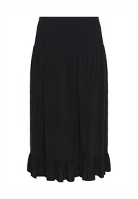 Black midi skirt with a smocked waist, flowy fabric, pleated design, and a ruffled hemline, offering a comfortable fit and gentle drape.