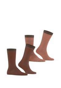 Braun und rostbraun gestreifte Socken mit gerippten Bündchen, die eine glatte Textur und ein variierendes Streifenmuster aufweisen, in drei verschiedenen Stilen.