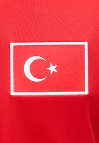 Κόκκινο ύφασμα με λευκό κεντημένο ορθογώνιο περίγραμμα που περιέχει λευκό σύμβολο ημισελήνου και αστεριού.