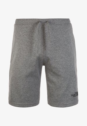 Grijze sportshorts met elastische tailleband en trekkoord, met het The North Face-logo op het linkeronderbeen.