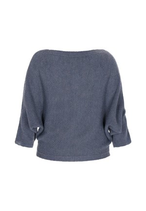 Knitted sweater in dark blue with a loose fit, wide boat neckline, and three-quarter sleeves. Textured fabric shows slight variation in color.