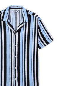 Camicia da uomo a maniche corte con bottoni, a righe verticali blu, nere e bianche, dotata di colletto alla francese e tag di dimensione XL.