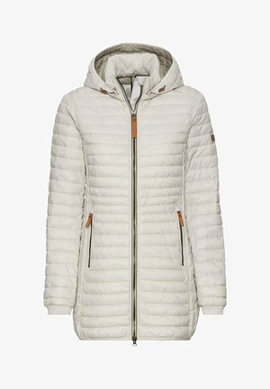 Gepolsterte weiße Jacke mit Kapuze, mit horizontaler Steppung, einem zweigeteilten Frontreißverschluss und Lederakzenten an Taschen und Kapuze.