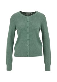 Green knitted cardigan with a round neckline, front button closure, and ribbed cuffs and hem. Textured pattern throughout the design.