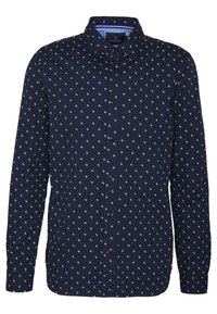 Camisa de botones azul marino con un patrón blanco repetido, mangas largas y un cuello clásico. Presenta una tapeta interior en azul contrastante.