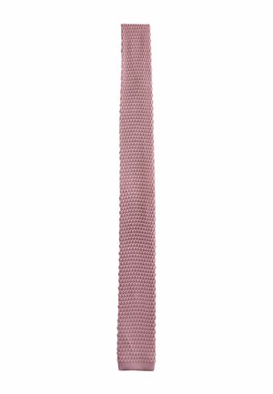 Knitted narrow tie in dusty pink with a textured pattern, displayed vertically against a white background.