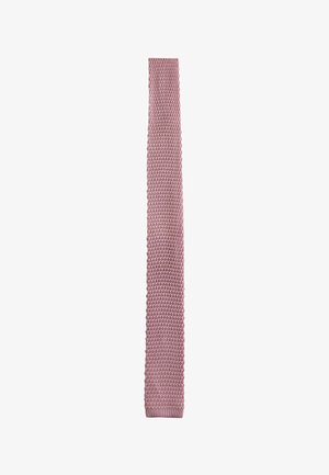 Knitted narrow tie in dusty pink with a textured pattern, displayed vertically against a white background.