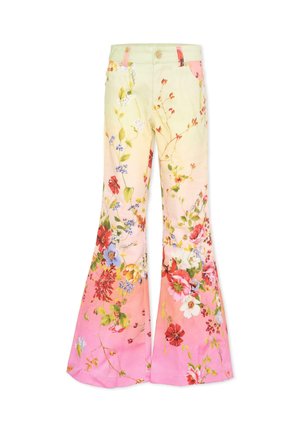 Pantalon évasé taille haute avec un dégradé de couleurs du jaune pâle au rose, présentant un motif floral vibrant et des poches sur le devant.