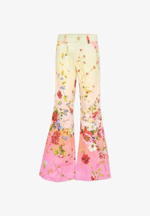 Pantaloni a vita alta svasati con colori sfumati dal giallo pallido al rosa, caratterizzati da un vivace motivo floreale e tasche frontali.