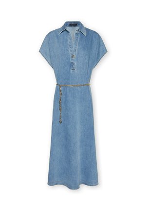 Jeanskleid mit kurzen Ärmeln, Kragen, durchgehender Knopfleiste und einem goldenen Kettengürtel. Ausgestattet mit lockerer Passform und knieumspielendem Saum. Hellblaue Farbe.