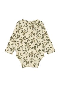 Bodysuit à manches longues pour bébé en crème avec un motif de feuille de chêne. Tissu en coton doux, encolure ronde et boutons pressions en bas.