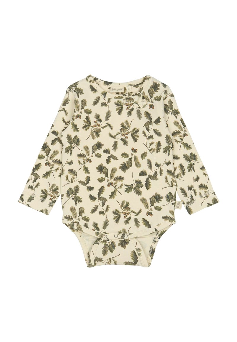 Bodysuit à manches longues pour bébé en crème avec un motif de feuille de chêne. Tissu en coton doux, encolure ronde et boutons pressions en bas.