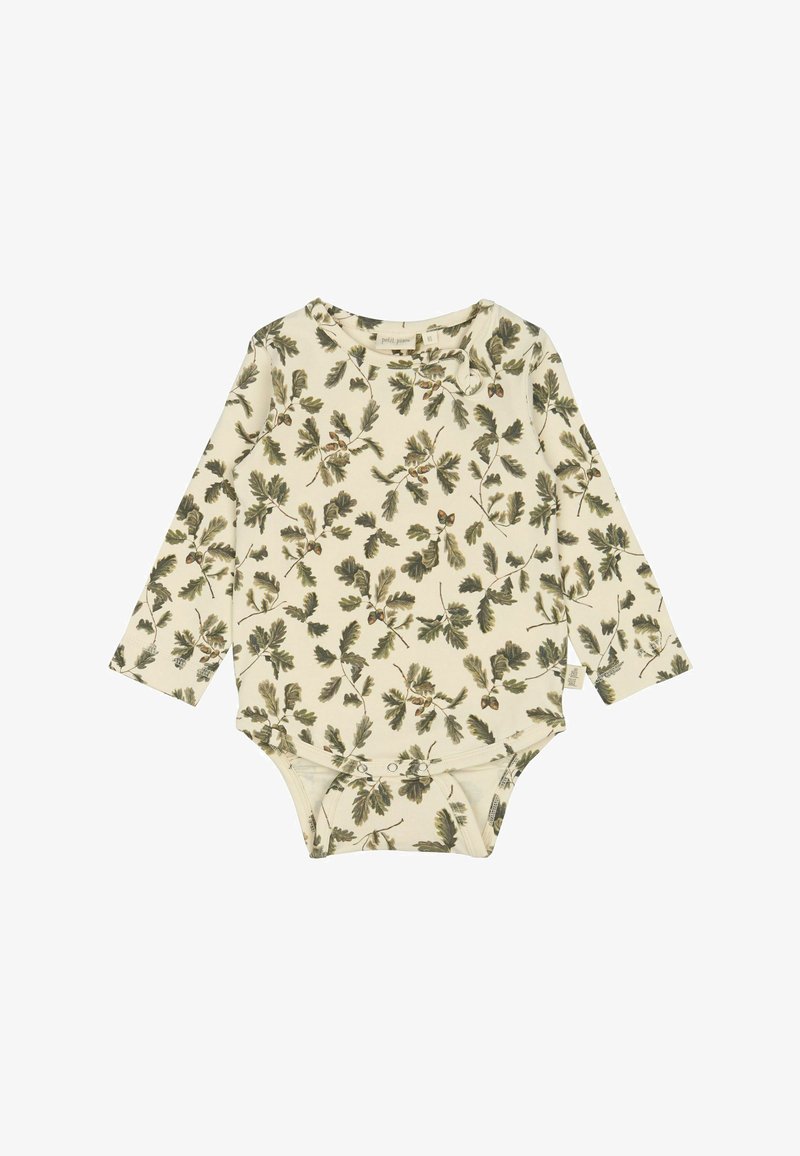 Bodysuit à manches longues pour bébé en crème avec un motif de feuille de chêne. Tissu en coton doux, encolure ronde et boutons pressions en bas.