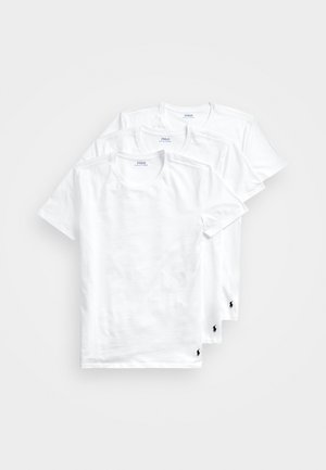 Three white cotton T-shirts with crew necks, featuring short sleeves and a small embroidered logo in black near the hem.