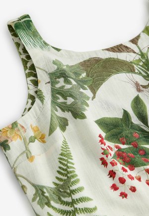 Kanka kuvioitu kangas esittelee vihreitä saniaisia, punaisia ja keltaisia kukkia vaaleanbeigellä taustalla. Silkkinen pinta ja ohuet hihnat.