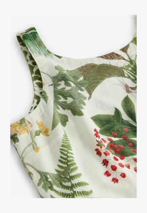 Lillebeesega kangas, millel on rohelised sõnajalad, punased ja kollased lilled helesinise tausta peal. Sujuv tekstuur ja õhukesed rihmad.