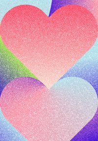 Conception graphique présentant des cœurs superposés dans des dégradés de rouge, rose et violet, avec un effet de paillettes texturées sur un fond coloré.