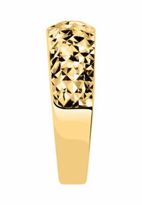 Gold ring with a faceted surface, featuring a sleek, polished band. The geometric pattern adds texture and visual interest to the design.