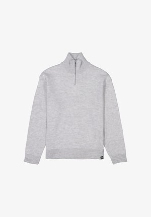 Pull-over léger gris avec un col montant, fermeture éclair mi-hauteur à l'avant, et bords côtelés aux manches et à l'ourlet. Fabriqué en un matériau tricoté doux et texturé.