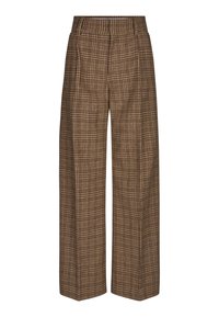 Braune karierte Hose mit weitem Bein, hoch tailliert und mit Falten. Der Stoff hat eine strukturierte Oberfläche mit subtilen Farbnuancen.