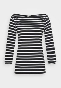 Camicia a maniche lunghe a righe orizzontali bianco e nero con scollatura a barca e piccolo logo ricamato sul lato sinistro del petto.