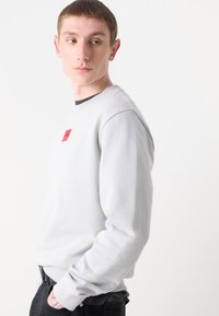 Világosszürke pulóver, puha anyagból, kerek nyakkivágással és egy kis piros logóval a mellkasán. Egyszerű, minimalista dizájn.