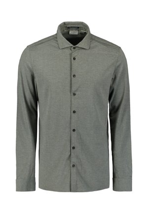 Grijze lange mouwen button-down shirt gemaakt van textuurstof. Bevat een klassieke kraag en zes donkere knopen aan de voorkant.