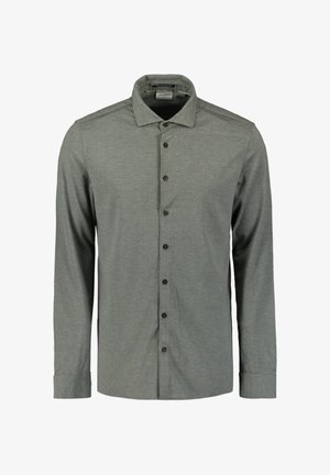 Gray long-sleeve button-down shirt made of textured fabric. Features a classic collar and six dark buttons down the front.