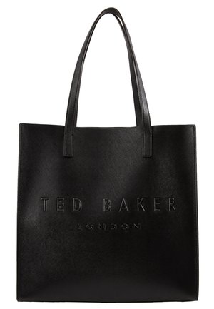 Zwarte rechthoekige leren tas met twee handvatten en een verdiept "Ted Baker London"-logo aan de voorkant.