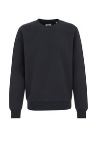 Sweatshirt de culoare bleumarin închis, cu un material texturat și cu aspect canelat. Are un guler rotund și mâneci lungi cu manșete ajustate, și un tiv drept.