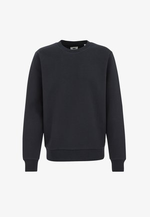 Temno modra majica s kapuco iz teksturirane, rebraste tkanine. Ima okroglo ovratnik in dolge rokave z oprijetimi manšeti ter raven rob.