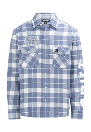 Blau-weiß kariertes Langarmhemd mit Brusttaschen, weißen Knöpfen und "TRUE RELIGION" Schriftzug auf der Brust und am linken Ärmel.