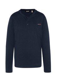 Maglietta henley a maniche lunghe blu navy realizzata in tessuto morbido, con patta a tre bottoni e una piccola tasca sul petto con dettaglio del logo.