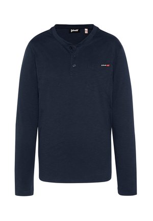 Marineblaues Langarm-Henley-Shirt aus weichem Material, mit einer Knopfleiste mit drei Knöpfen und einer kleinen Brusttasche mit Logodetail.