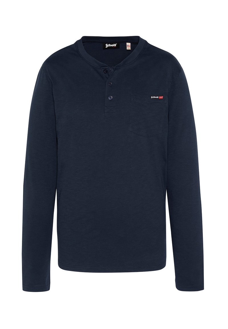 Maglietta henley a maniche lunghe blu navy realizzata in tessuto morbido, con patta a tre bottoni e una piccola tasca sul petto con dettaglio del logo.