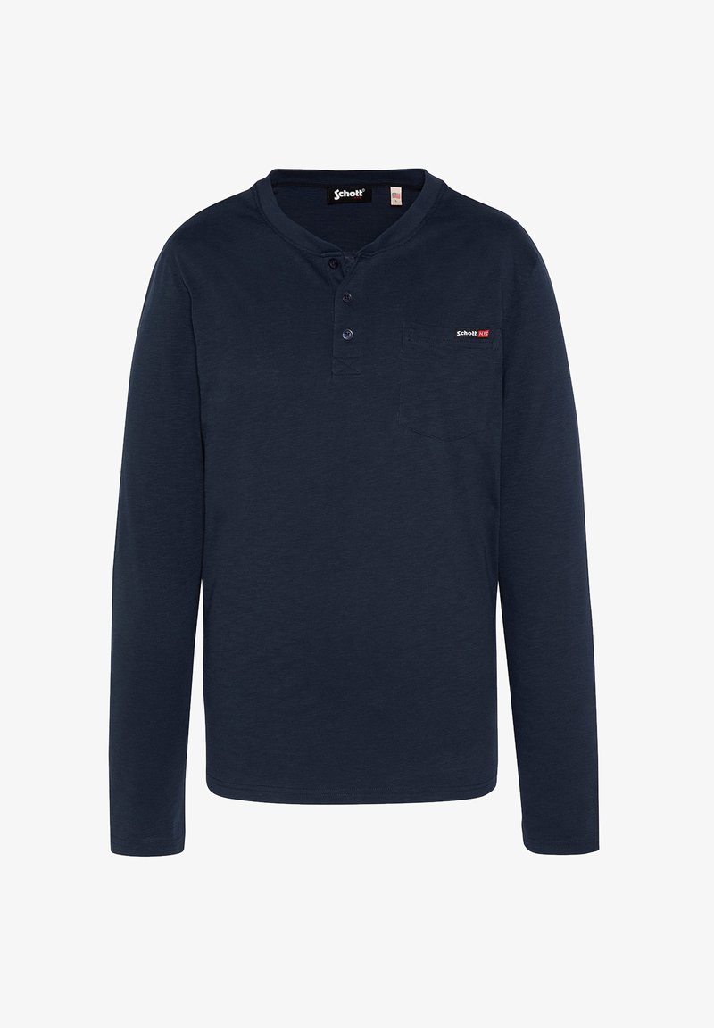 Maglietta henley a maniche lunghe blu navy realizzata in tessuto morbido, con patta a tre bottoni e una piccola tasca sul petto con dettaglio del logo.