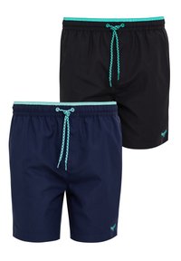 Dos pares de bañadores: uno negro y otro azul marino. Ambos tienen una cintura elástica con un cordón turquesa y un diseño simple.