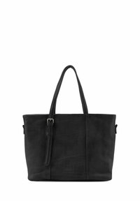 Sac fourre-tout en cuir noir avec deux poignées robustes, forme rectangulaire, surface texturée, bandoulière réglable et détails du logo à l'avant.