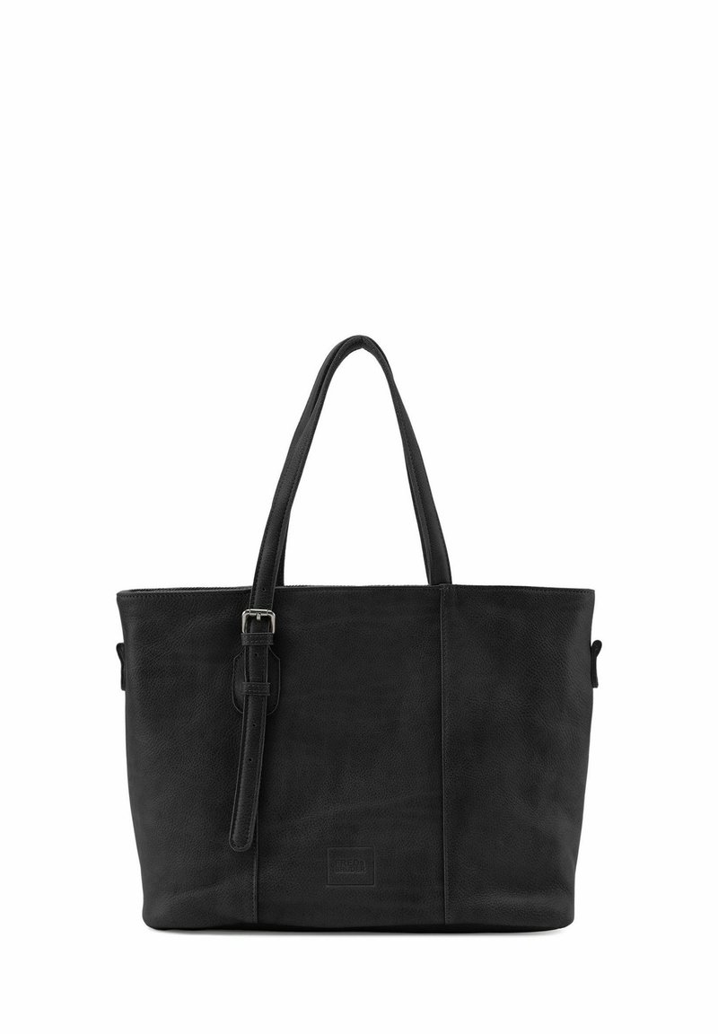 Sac fourre-tout en cuir noir avec deux poignées robustes, forme rectangulaire, surface texturée, bandoulière réglable et détails du logo à l'avant.