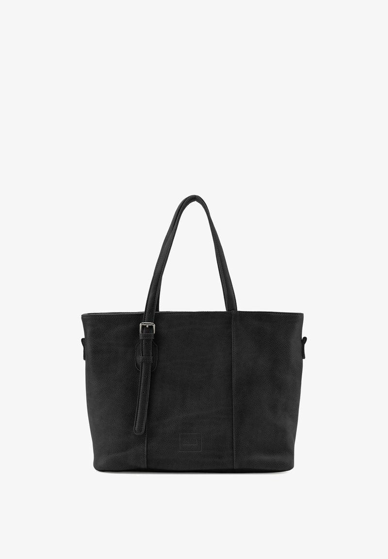 Zwarte leren tote bag met twee stevige handvatten, rechthoekige vorm, textuur oppervlak, verstelbare schouderband en logo-detail aan de voorkant.