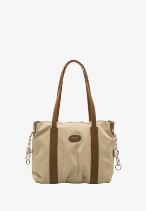 Borsa tote in tessuto beige con dettagli in pelle marrone, due manici e dettaglio decorativo a corda sui lati. Patch ovale con logo sul davanti.
